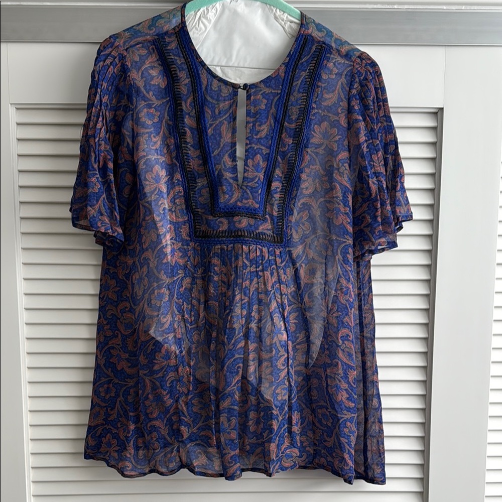 Figue Floral Blue and Orange Sheer Women's Top